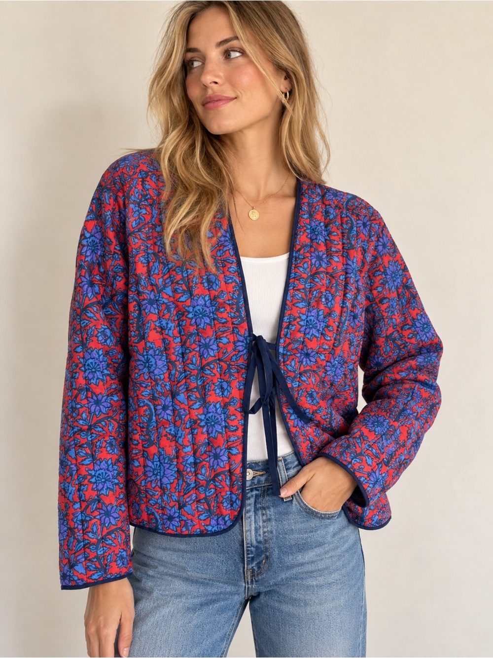 Roller Rabbit Primrose Blue & Red Floral Quilted Tie-Front Jacket S Whimsical